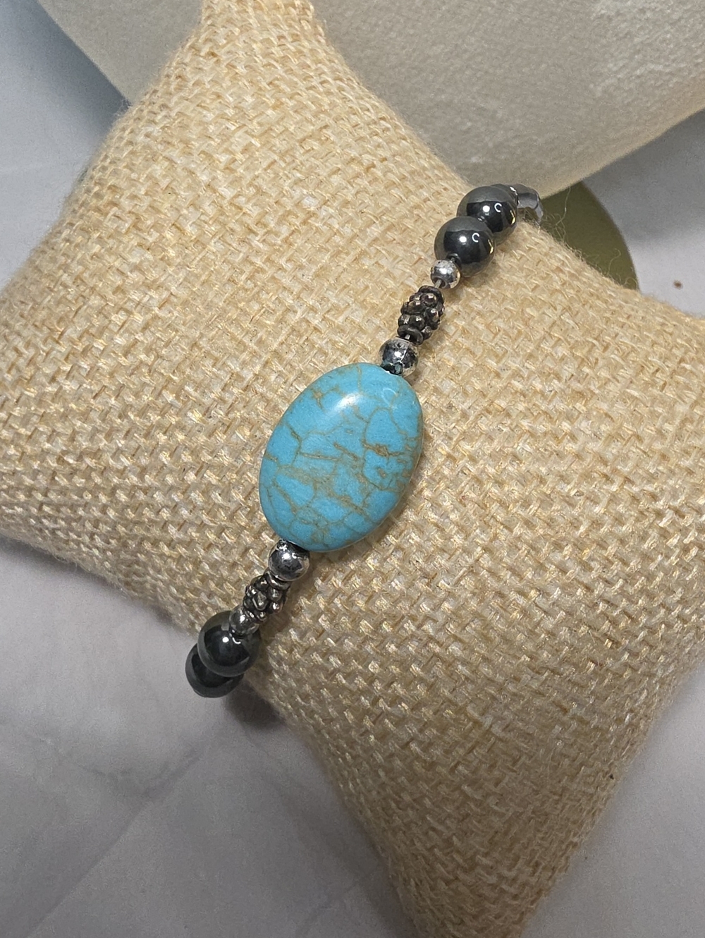 Turquoise Oval Stone & Hematite Bead Stretch Bracelet